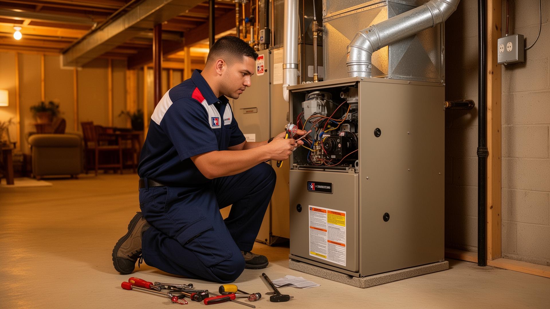 Heating contractor inspecting furnace in Bowie MD home